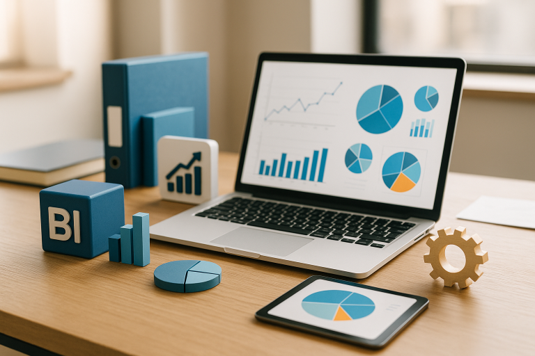 Modern ofis ortamında büyük ekranlarda iş zekası çözümlerini gösteren veri görselleştirme grafiklerinin yer aldığı çalışma alanı