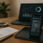 Tablet ve akıllı telefon üzerinde performans test sonuçlarını gösteren grafiklerle dolu modern bir çalışma masası