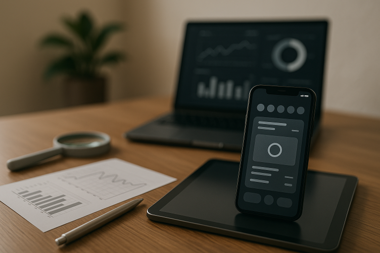 Tablet ve akıllı telefon üzerinde performans test sonuçlarını gösteren grafiklerle dolu modern bir çalışma masası